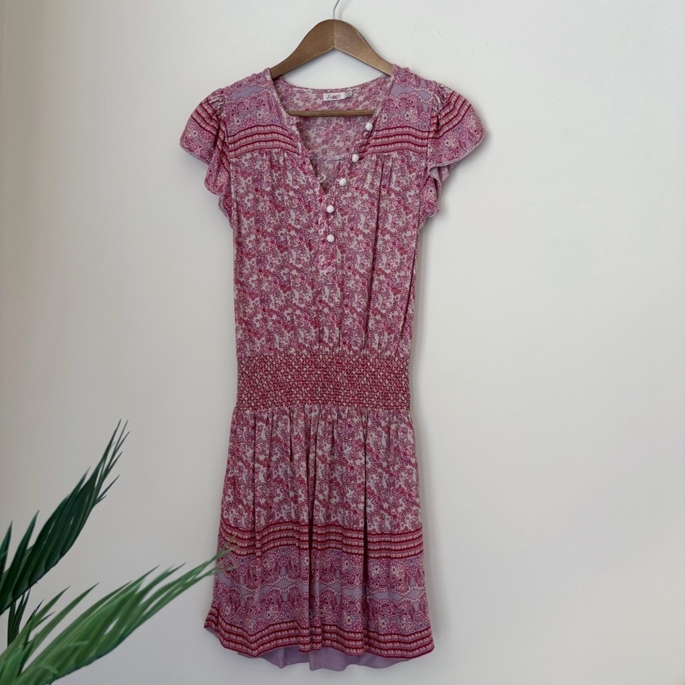 Faherty Bemini Pink Floral Smocked Mini Dress XS Summer Boho